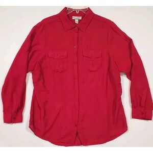 Dress Barn Women's Top 1X Long Sleeve Red Button Up with Pockets Collared